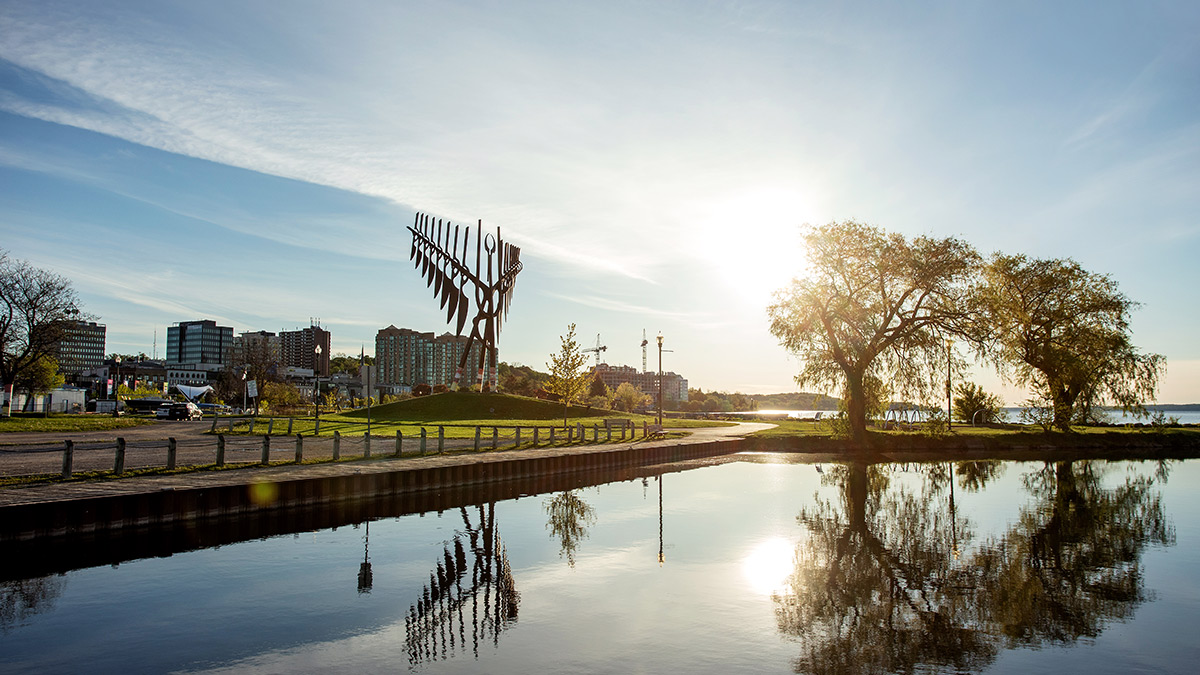 Downtown Barrie, Ontario waterfront with the Spirit Catcher sculpture at Heritage Park